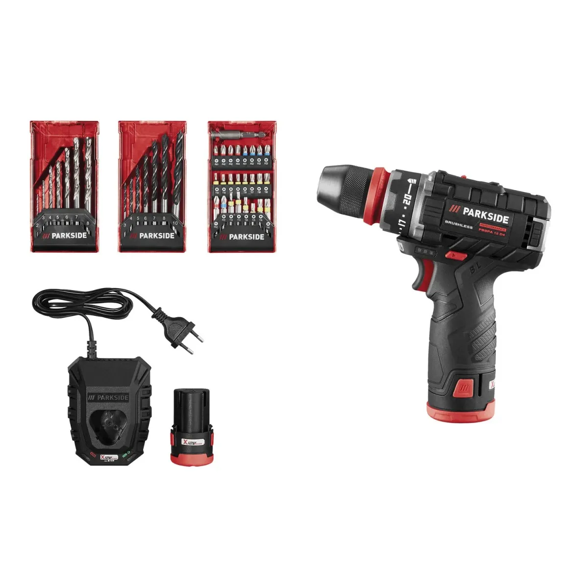 Fúrógép akkumulátorral PARKSIDE PERFORMANCE x12V PBSPA 12 D4 2 akkumulátorral, töltővel és fúró- és fúrókészlettel