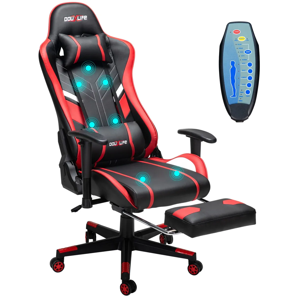 Gaming szék masszázs funkcióval, PU, nagy sűrűségű pamut, lábtartóval és távirányítóval, állítható magasságú, 330 font, öt masszázsmód, fekete/piros