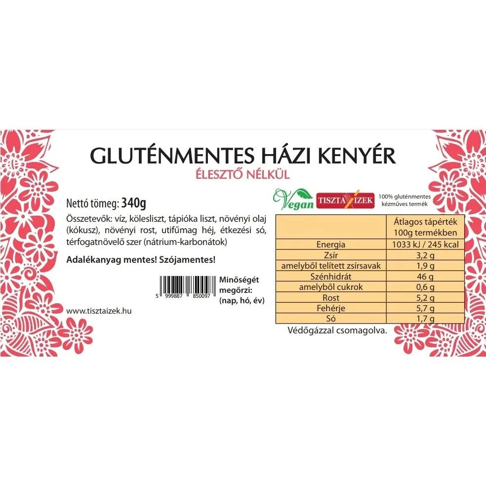 Gluténmentes házi kenyér, vegán, élesztő nélkül 340g szeletelt - Tiszta Ízek