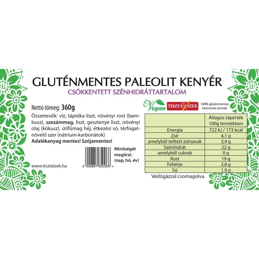 Gluténmentes Paleolit kenyér élesztő nélkül 340g szeletelt - Tiszta Ízek