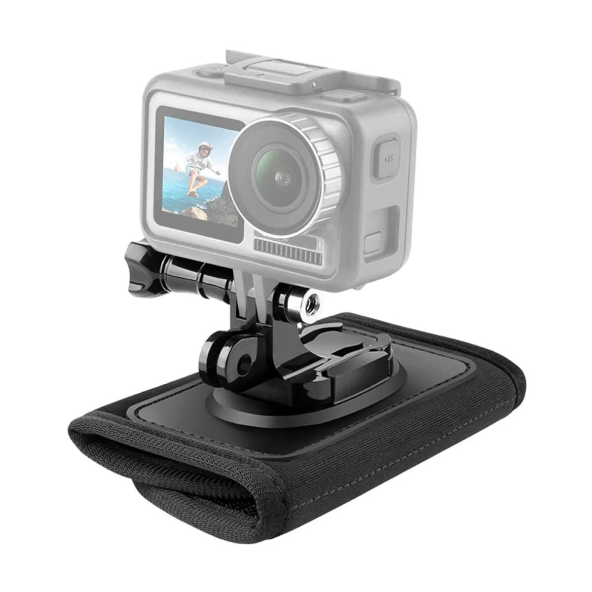 GoPro tartó, állítható pánt, tépőzárral, kompatibilis a Hero/Insta360/Osmo akciókamerákkal, 360°-os rögzítés