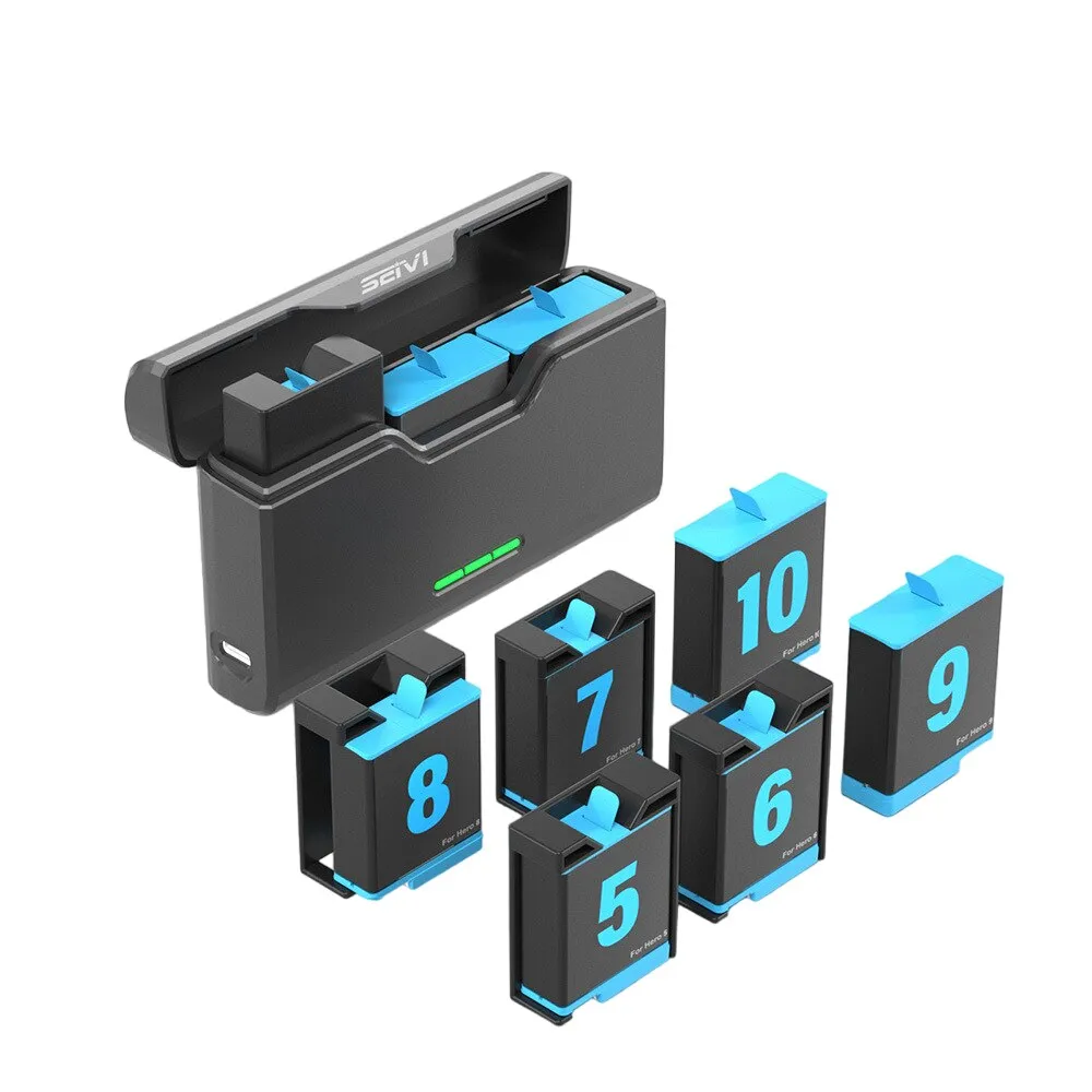 GoPro5/6/7/8/9/10/11 akkumulátortöltő, 3 akkumulátor gyorstöltés egyszerre, beépített adapter GoPro5/6/7/8 akkumulátorokhoz, USB/TYPE-C csatlakozás, kis méret, fekete