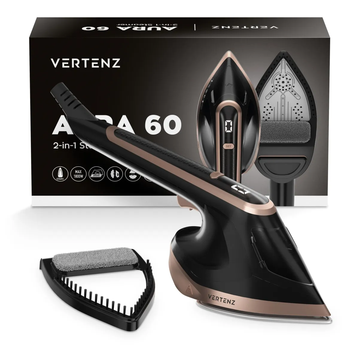 Gőztisztító, Vertenz Aura 60, 1400W, 9 az 1-ben, Víztartály kapacitás: 180 ml, Gyors felmelegedés, Felmelegedési idő: 30 másodperc, Fekete