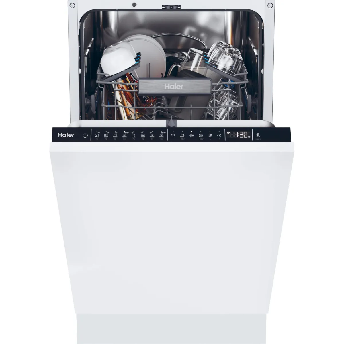 Haier XI0C3TB3FB beépíthető mosogatógép, 10 szett, 8 program, Inverter motor, WiFi, Aquastop, Automata ajtónyitás, Terhelésérzékelő, Szennyezettség érzékelő, C energiaosztály, 45 cm