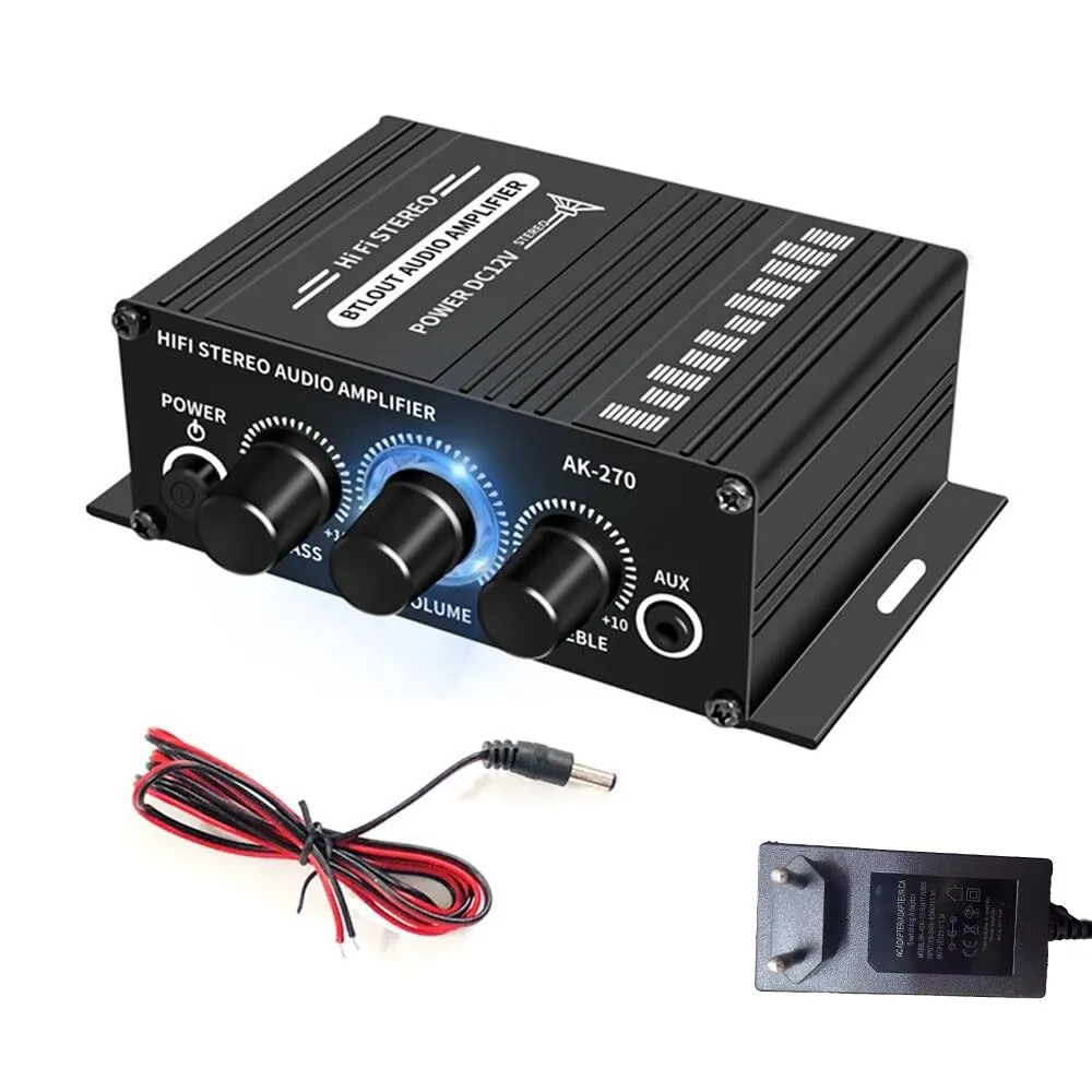 Hangerősítő tápadapterrel, 20 W x 2, 12 V 3A tápegységgel, Plug and Play, 2 csatorna, alumíniumötvözet ház, könnyen használható, OUYLAF, fekete