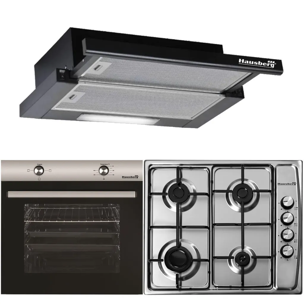 HAUSBERG Basic Style Plus csomag, beépíthető elektromos sütő, A osztály, 76 l, 2000W, rozsdamentes acél, fekete + beépített főzőlap, 4 égős, gáz, rozsdamentes acél + beépíthető teleszkópos páraelszívó, 420 m3 / h, 2 motor, 60 cm , fekete