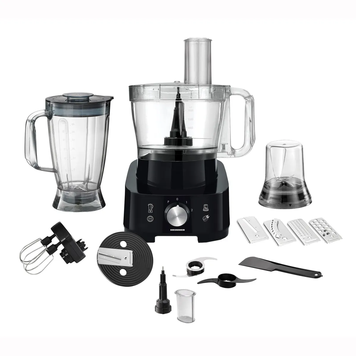 Heinner Cookery Chef HFP-1000BK konyhai robotgép, 1000 W, turmixgép és daráló mellékelve, 3,5 literes tálka, 1,8 literes turmixgép kapacitása, 2 sebesség + impulzus, rozsdamentes acél kés, fekete