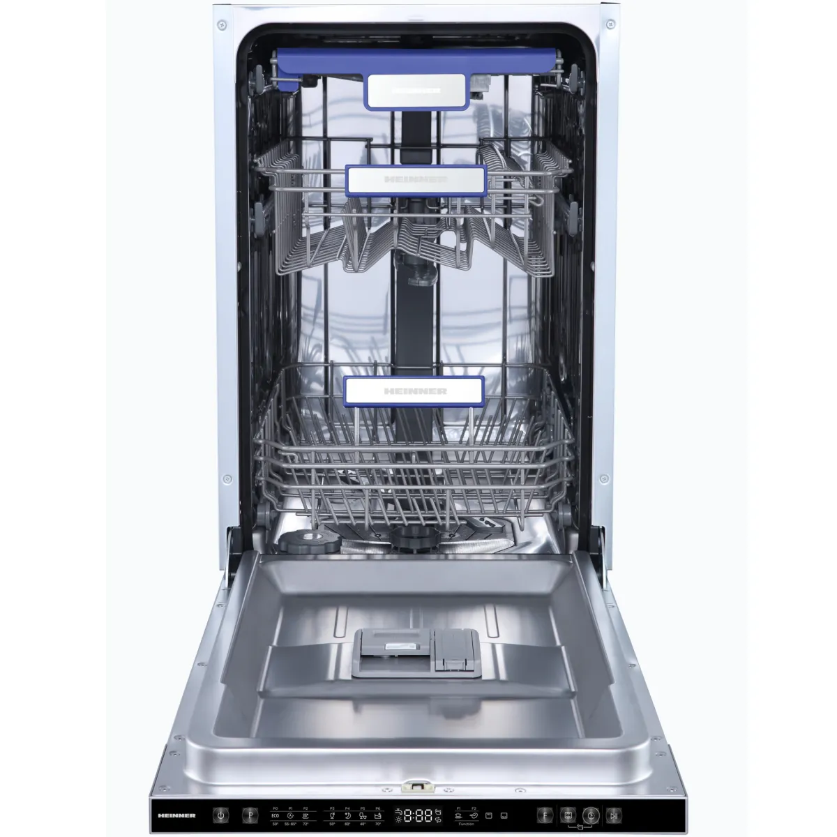 Heinner HDW-BIM45710AD+++ Beépíthető mosogatógép, 10 teríték, 7 program, LED kijelző, automatikus ajtónyitás, Aquastop, D energiaosztály, 45 cm, 45 cm