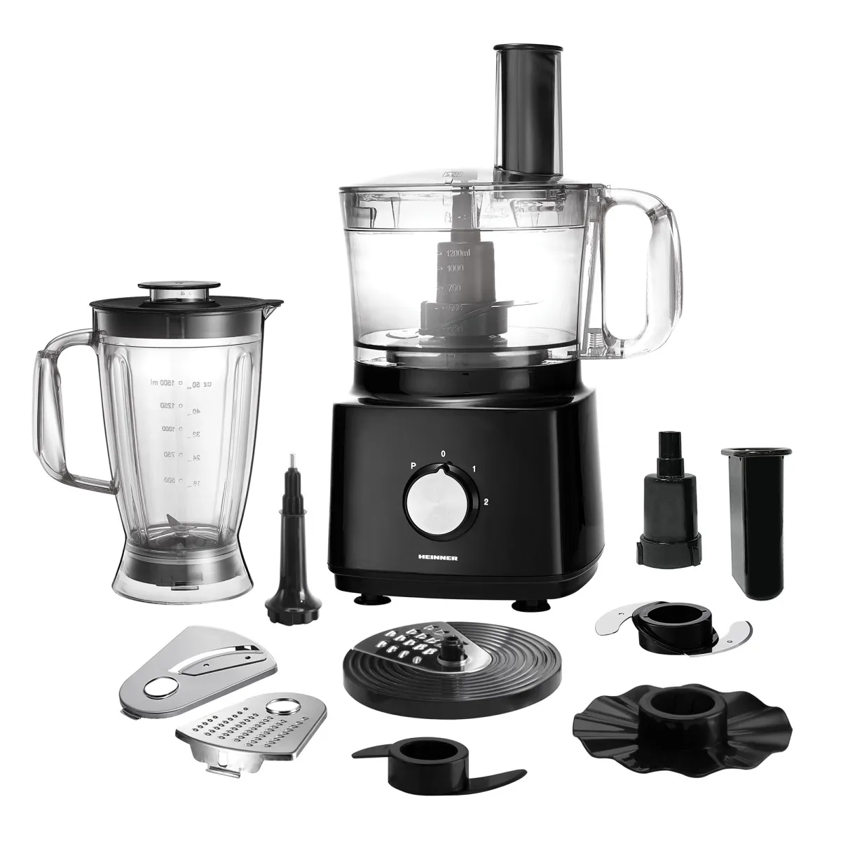 Heinner HFP-750BK konyhai robotgép, 750 W, 1,2 literes tál, 1,8 literes turmixgép, szeletelő tárcsa, aprító, fekete