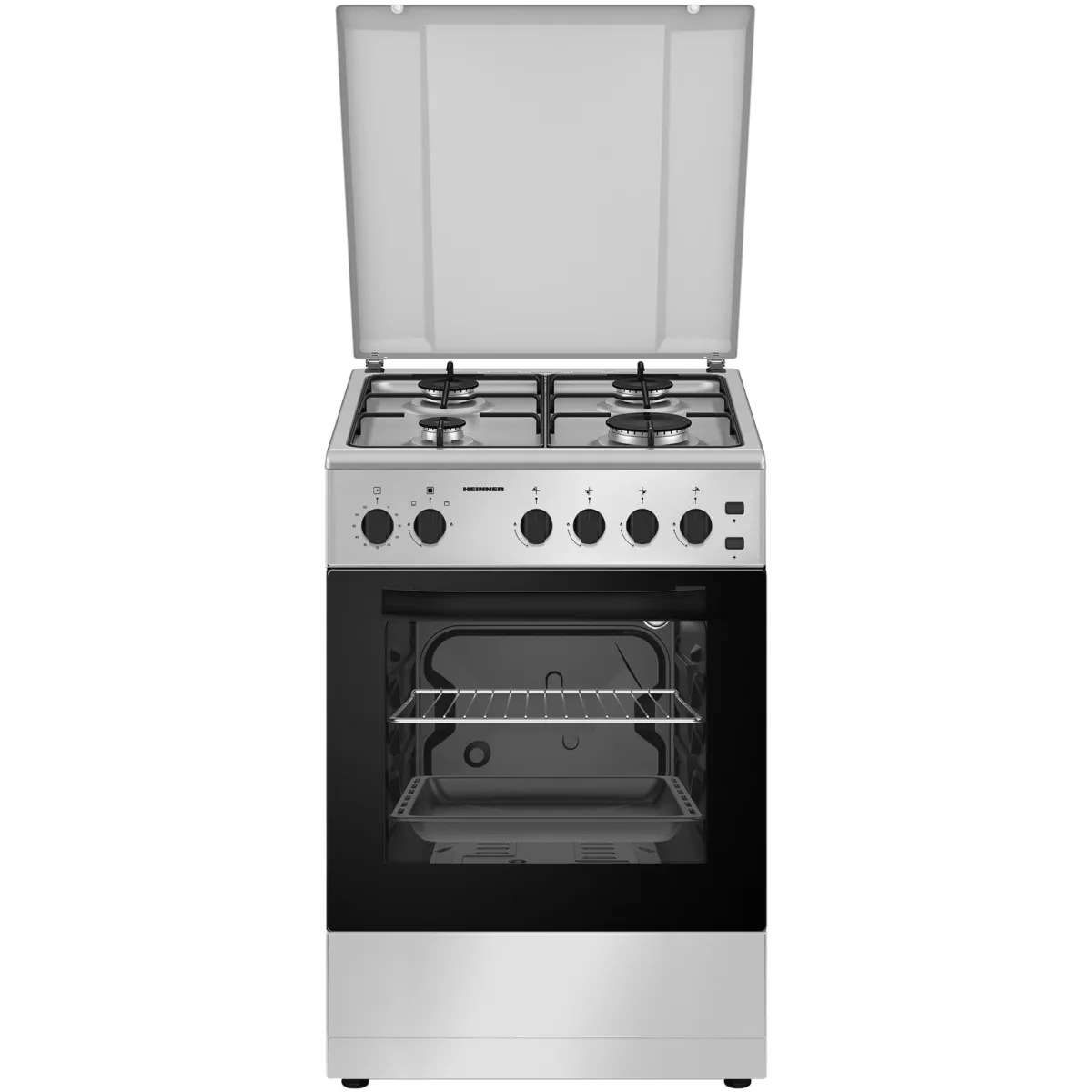 Heinner HFSC-S50LITGSL tűzhely, Gáz, 4 égős, Elektromos főzőlap/sütő gyújtás, Főzőlap/sütő biztonsági berendezés, Időzítő, Grill, Sütőlámpa, 50 cm, Ezüst