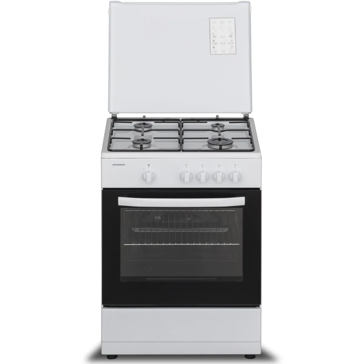 Heinner HFSC-SME60WH tűzhely, Gáz, 4 égős, Főzőlap és sütő biztonsági berendezés, 60 cm, Fehér