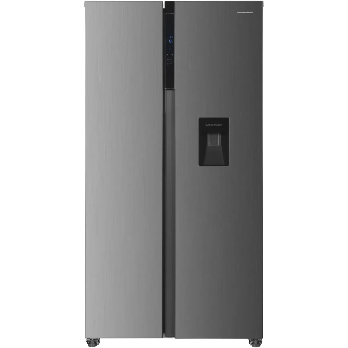 Heinner HSBS-HM529NFXWDE++, 529 l, Side by side hűtő, Full No Frost, E energiaosztály, Dual Inverter kompresszor, LED kijelző érintéssel, Vízadagoló, LED világítás, Gyerekzár, M 177 cm, Rozsdamentes acél