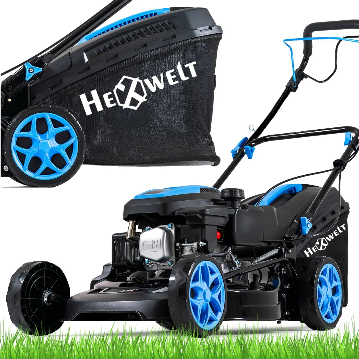 Hexwelt KS-224 Benzines fűnyírógép, 10 LE, 4 ütemű, 220 CC, 56 cm munkaszélesség, Vágási magasság 25 - 75 mm, 8 vágási sebesség, 60 L kosár