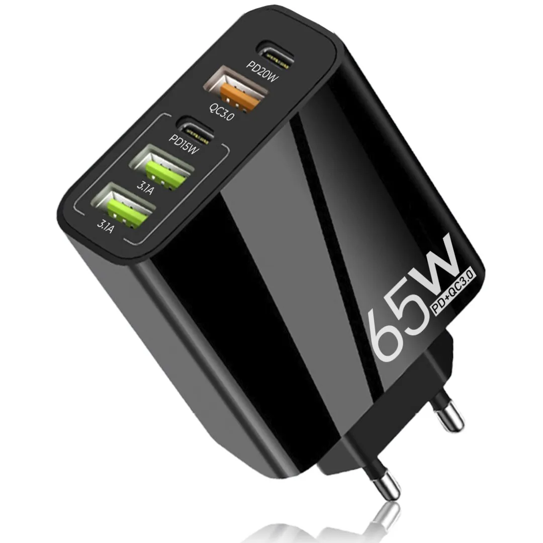 Hálózati töltő, 5 port, 65 W gyorstöltés, 3 x USB, 2 x Type-C, kompatibilis laptoppal, iPhone, Huawei, Samsung
