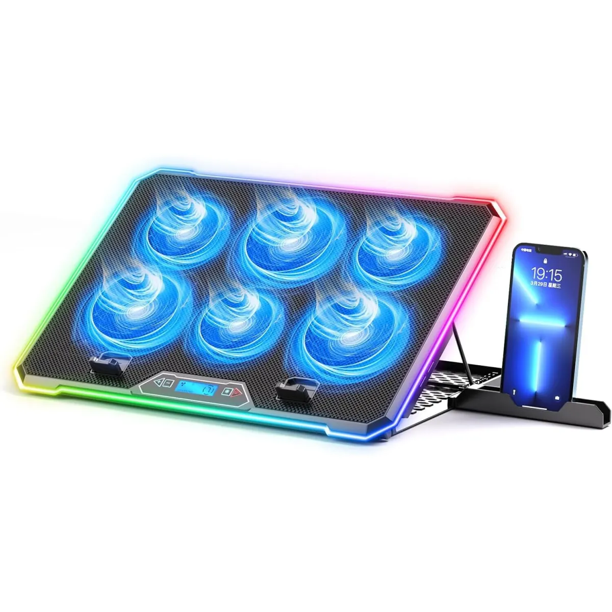 HNSMART Gaming Laptop hűtőállvány, 6 csendes ventilátor, RGB világítás, 9 állítható szög, 2 USB port, 15,6-17,3 hüvelykes laptopokhoz