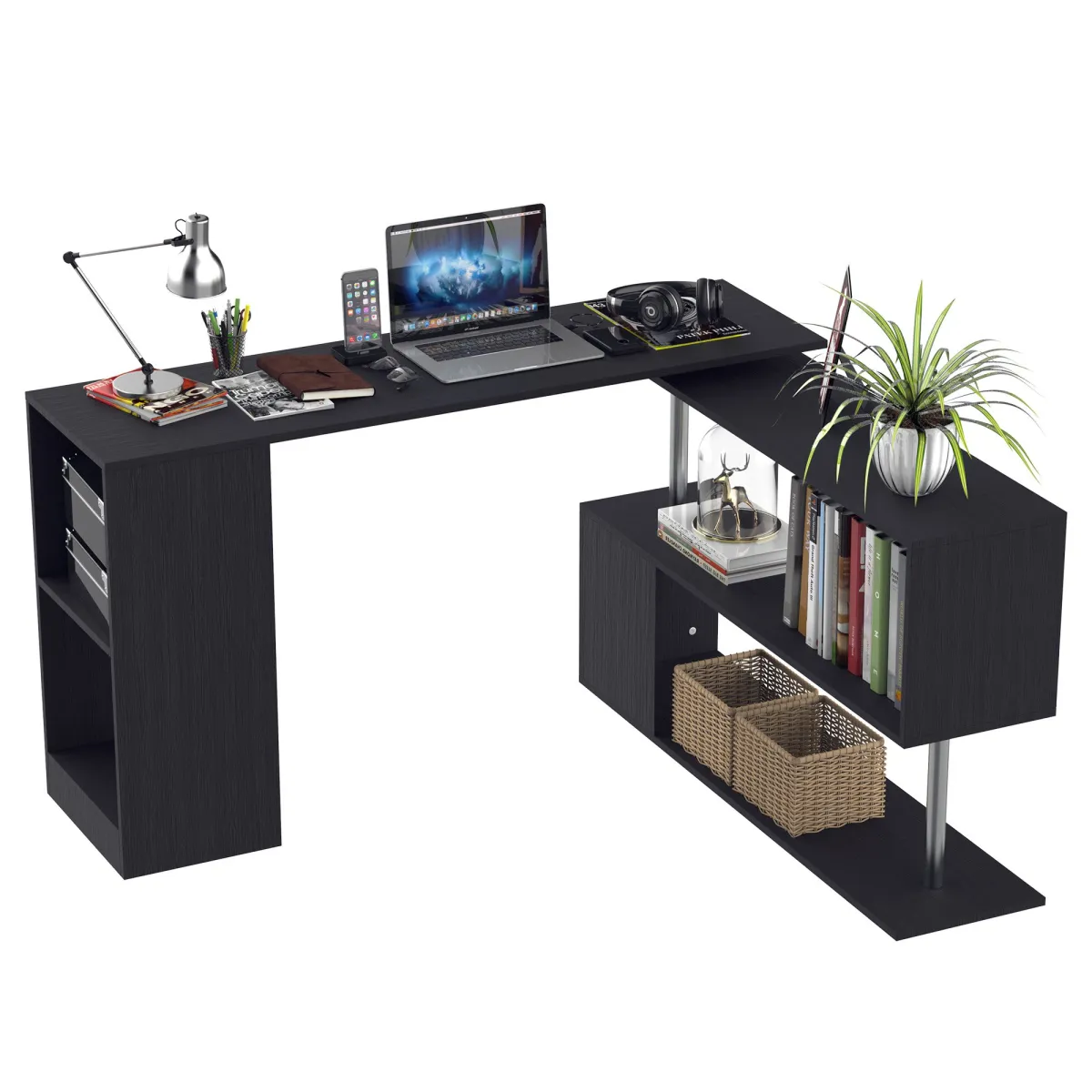 Homcom Computer Desk, polcrendszer, 360 ° -ban forgatható, 140 x 39,5 x 78 cm, fa, fekete