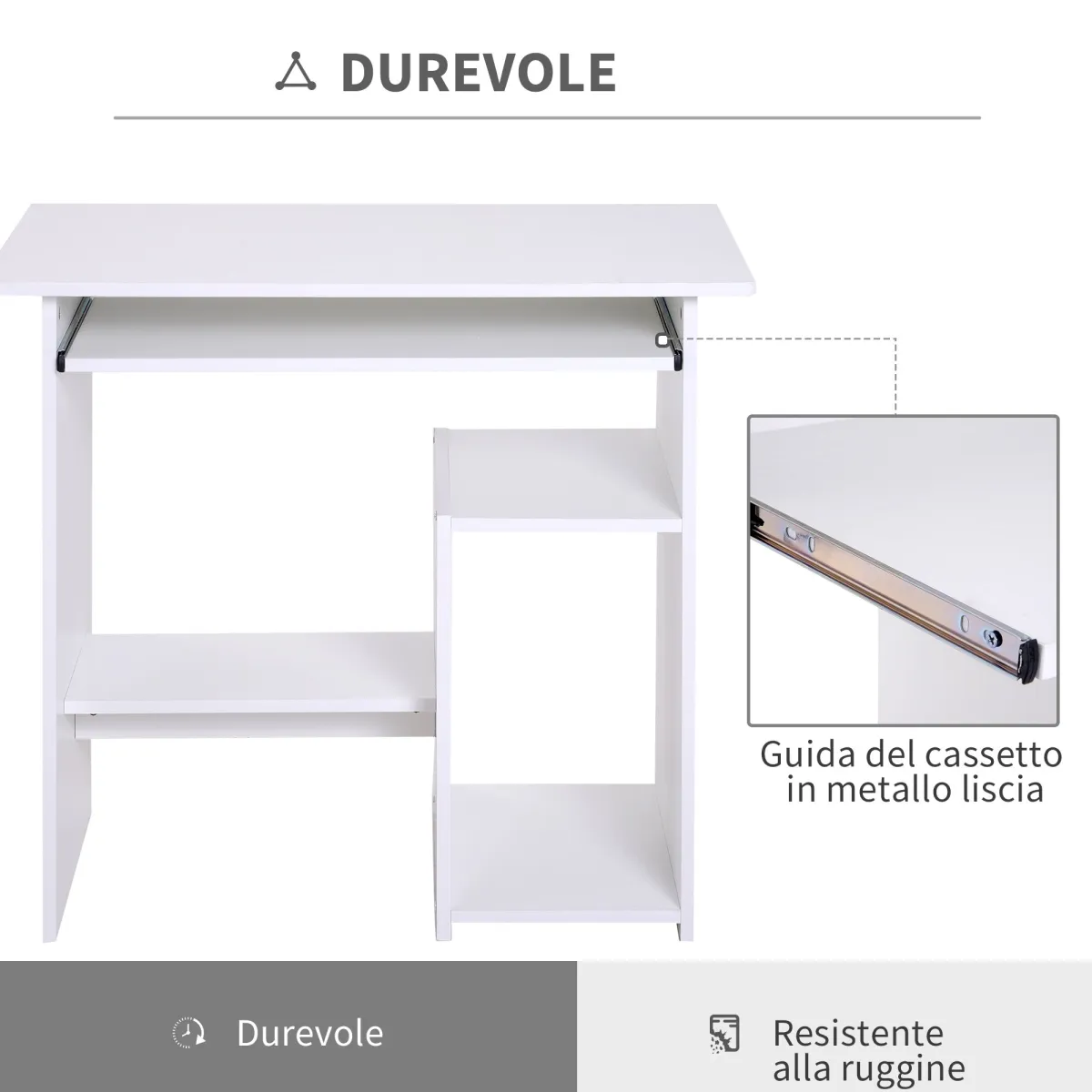 Homcom ergonomikus íróasztal, modern kivitelben, 80 x 45 x 75 cm, PAL / fém, fehér