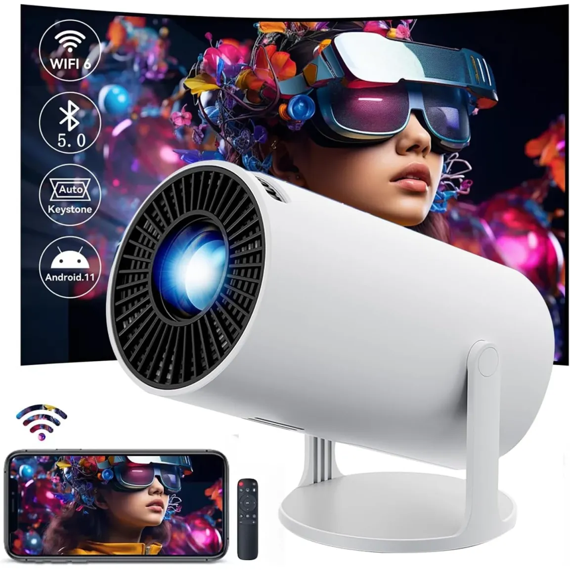 Hordozható intelligens 4K videóprojektor, ANTCOOL®, Wi-Fi, Bluetooth, 120 Ansi Lumen, 1280x720p HD felbontás, Android 11.0 operációs rendszer, HDMI, USB, képernyőtükrözés Android/IOS rendszerhez, négymagos ARM Cortex A53 processzor, fehér