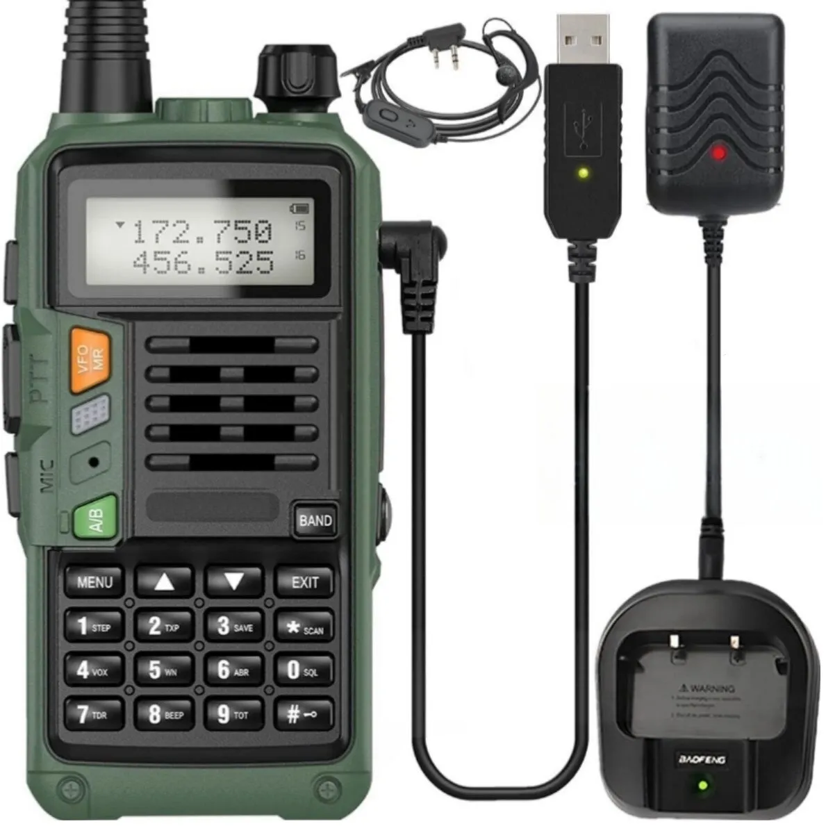 Hordozható rádió adó-vevő, MOSMAOOó, walkie talkie, UV-S9 Plus 8W, VHF/UHF, újratölthető akkumulátor 2200 MAH, LED kijelző, mikrofonos fejhallgató, zöld