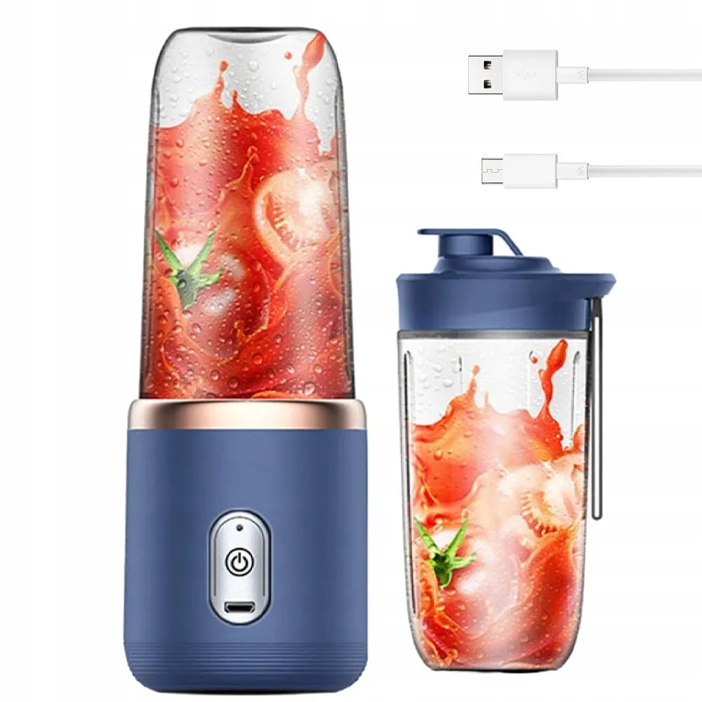 Hordozható turmixgép, 400 ml, 6 penge, sötétkék, készlet 2 db gyümölcslé csészével, USB újratölthető
