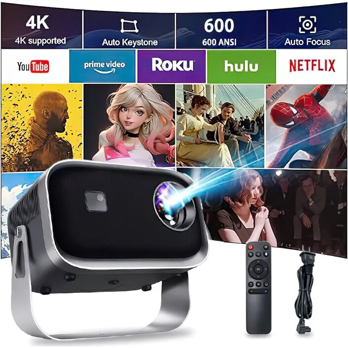 Hordozható videoprojektor, ±360°-os forgatás, WiFi, Bluetooth, beépített operációs rendszer, 1GB+8GB ROM, elektromos fókusz, 12000 lumen, 600ANSI,1080P, távirányítóval, 4k, USB, Ezüst