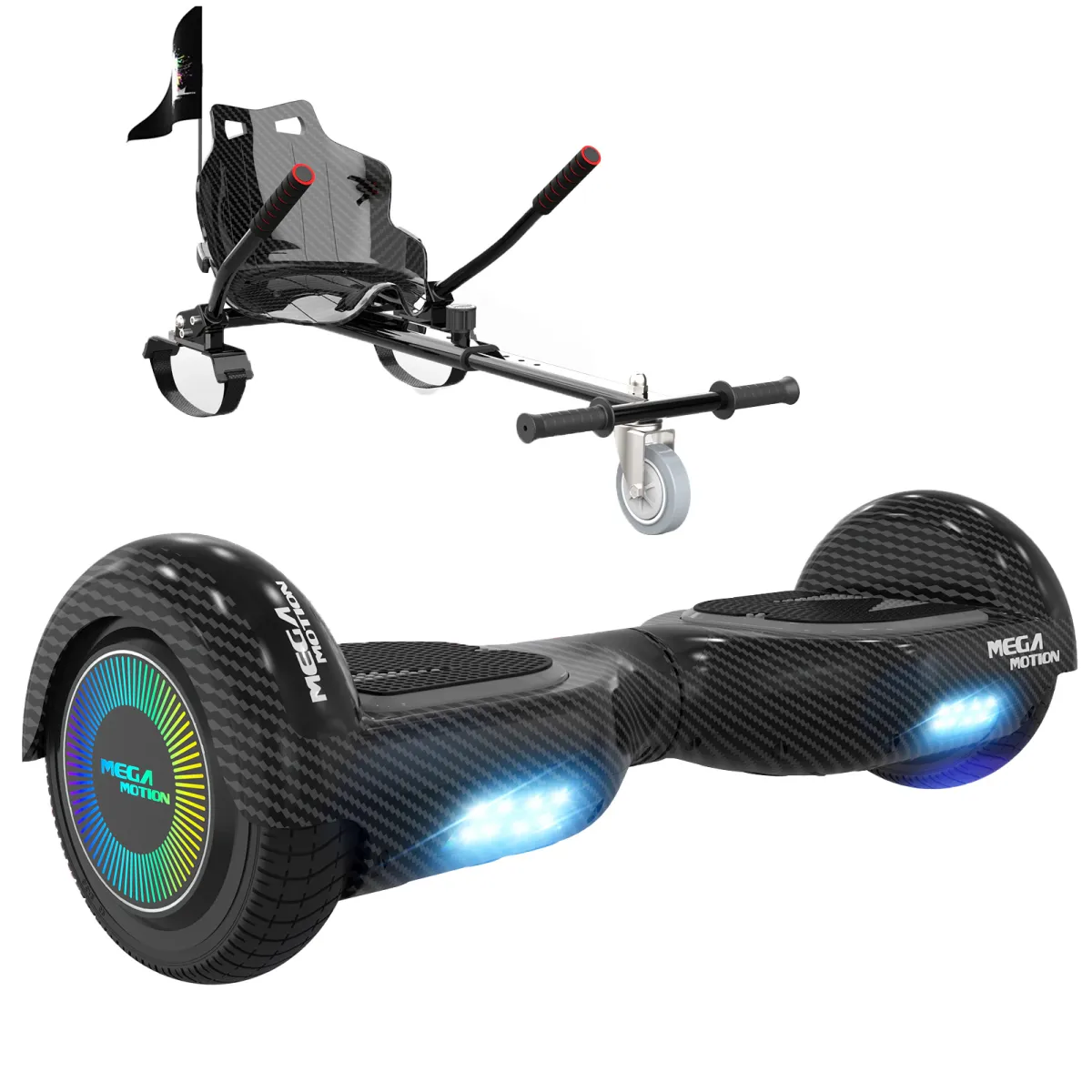 Hoverboard, Mega Motion, ABS/polikarbonát, Go Karttal, 6,5 hüvelykes, Bluetooth hangszórók, LED lámpák, fekete