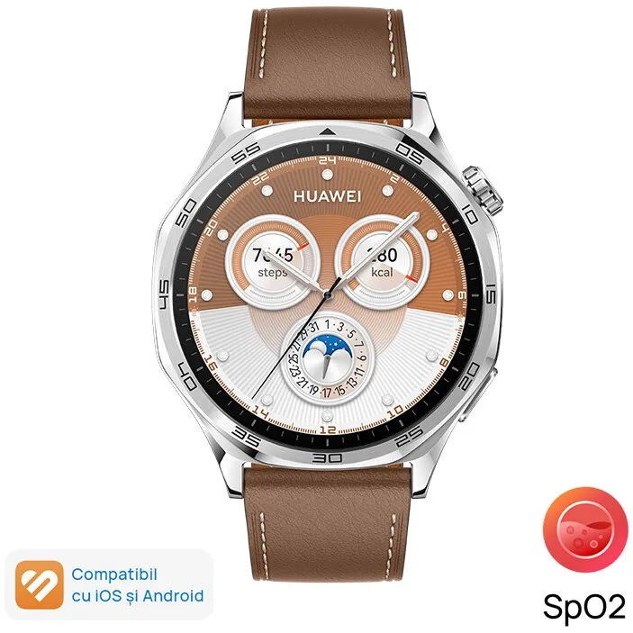 Huawei Watch GT 5 okosóra, 46mm, matt rozsdamentes acél tok, barna kompozit bőr szíj