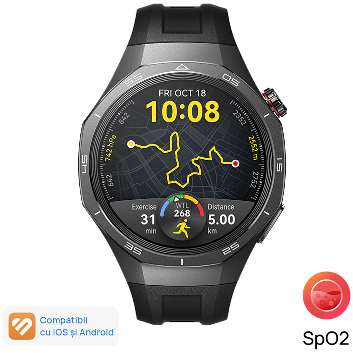 Huawei Watch GT 5 Pro okosóra, 46mm, matt titán tok, fekete fluoroelasztomer szíj