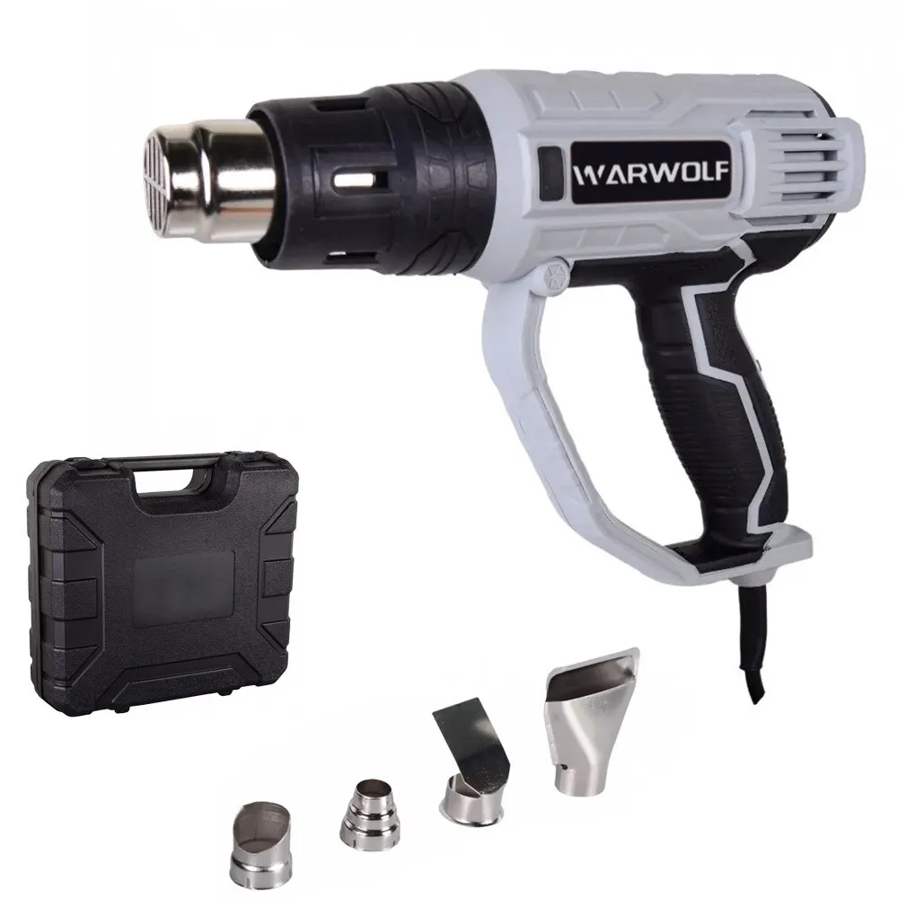 HUGOOME 2000 W-os hőlégfúvó, 60℃-600℃, 300-500L/perc, 2 beállítás, 4 fúvóka kézművesekhez, vinilfólia, zsugorcsövek, műanyag doboz