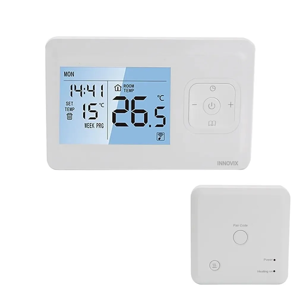 INNOVIX vezeték nélküli termosztát, programozható WiFi Tuya vagy Smart Life alkalmazásokon keresztül, bármely központi fűtőegységgel kompatibilis, távirányítós hőmérséklet-szabályozás, fehér