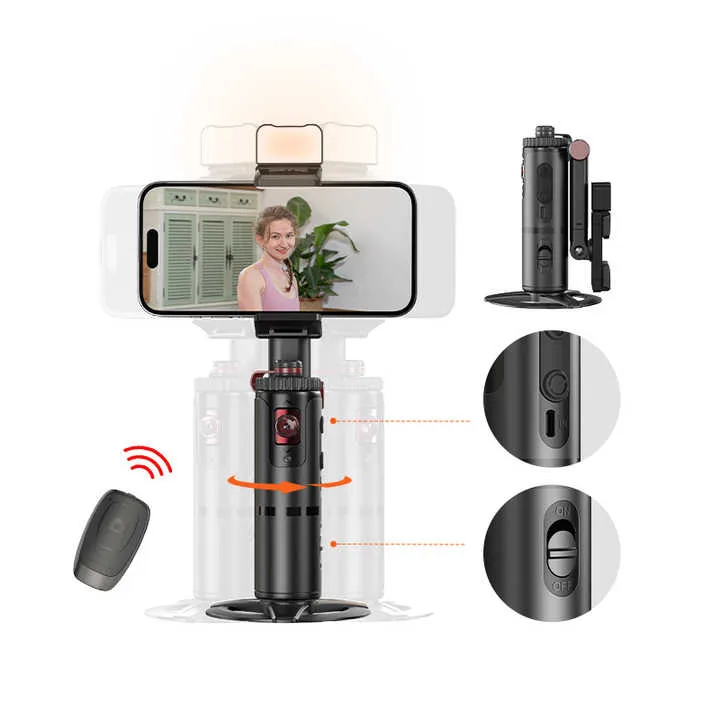 Intelligens képstabilizátor telefonhoz, 360⁰ forgatás, arcfelismerés, beépített LED töltőlámpa, AI intelligens felismerés, távirányító mellékelve, hordozható, kamerához és telefonhoz, fekete