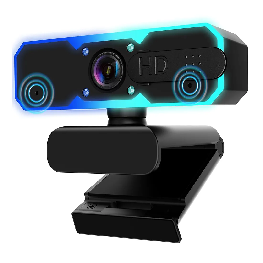 JESWO webkamera, FHD 1080P, 60fps, Zajszűrő mikrofon, Autofókusz, RGB LED, Fekete, 9x6,5x5,2 cm