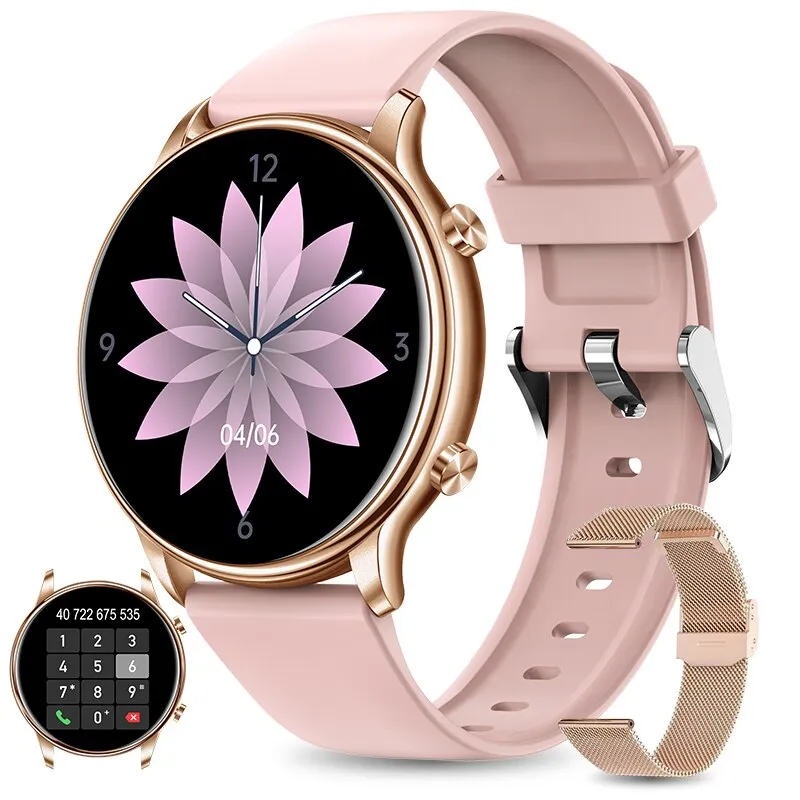 Kenoeestar női okosóra, Full Touch Display, Bluetooth hívás, hívás/sms/közösségi média értesítések, fizikai aktivitás figyelés, alvás, pulzusszám, lépésszámláló, arany/rózsaszín