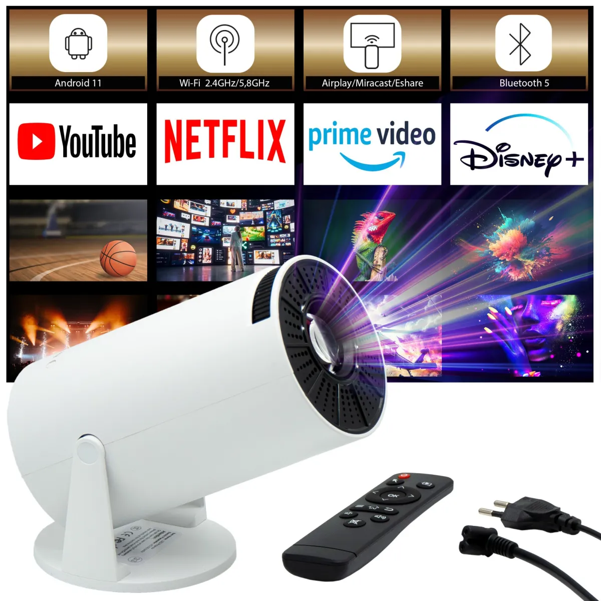 Kiano Relax hordozható intelligens LED videoprojektor, Android 11, 140 ANSI, Wi-Fi 2.4 – 5.0, Bluetooth 5.0, állítható kivetítés, HDMI csatlakozás, USB és Android/iOS tükrözés, beépített 3 W hangszóróval és HD Ready