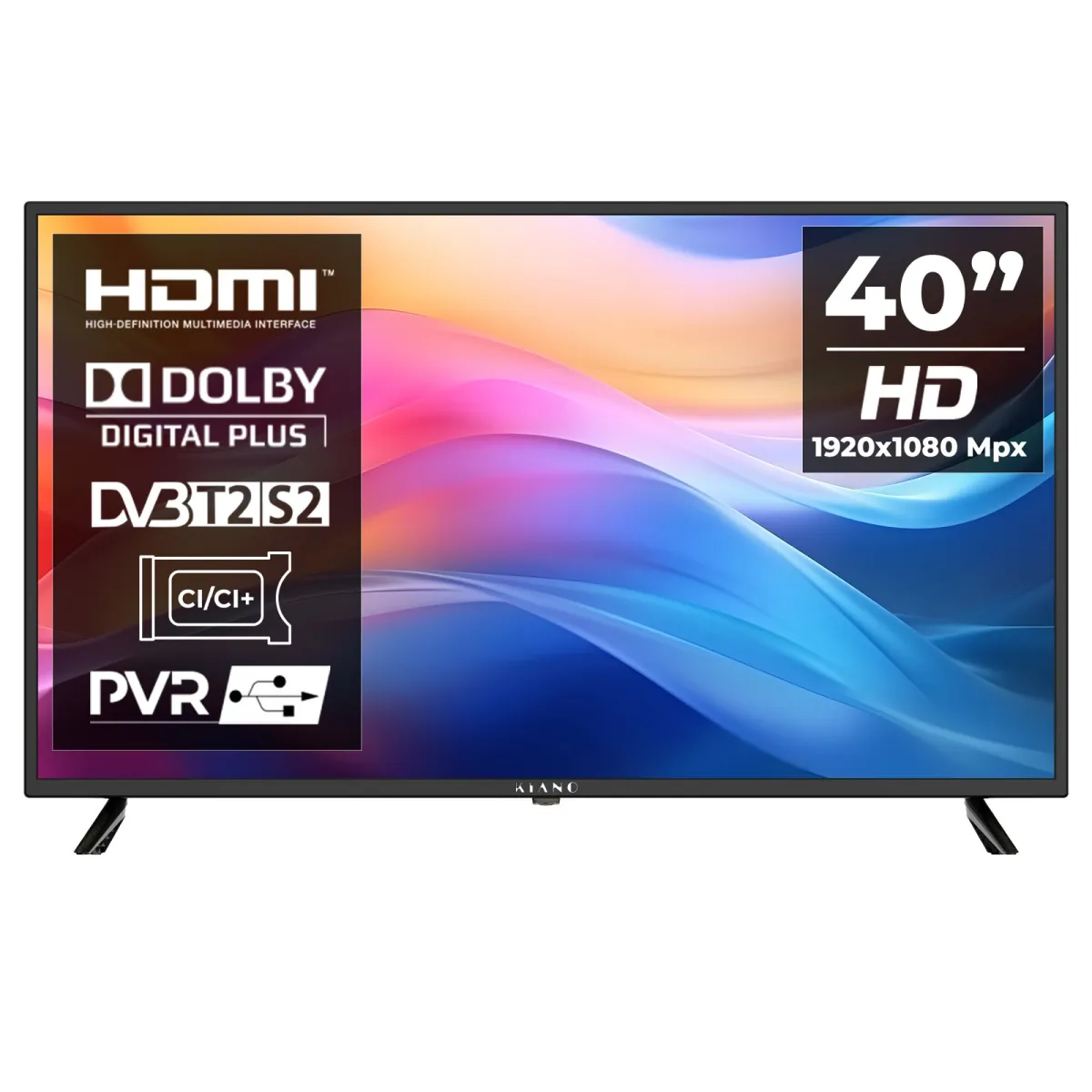 Kiano Slim televízió, 40" DLED FullHD, 100cm, PVR – USB, 3xHDMI, Dolby Audio, Dolby Digital Plus, EPG, F energiaosztály, fekete