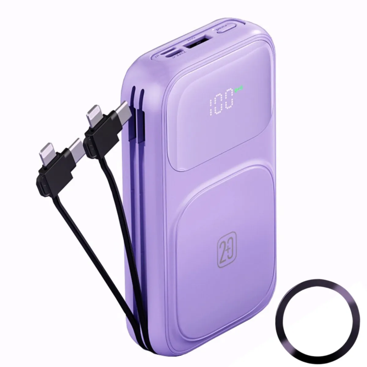 Külső vezeték nélküli mágneses ESL akkumulátor, Essential Level®, 20000 mAh, 15 W PD 22,5 W, Magsafe kompatibilis LED akkumulátor kijelző, levehető kábelek, mágneses fémgyűrű
