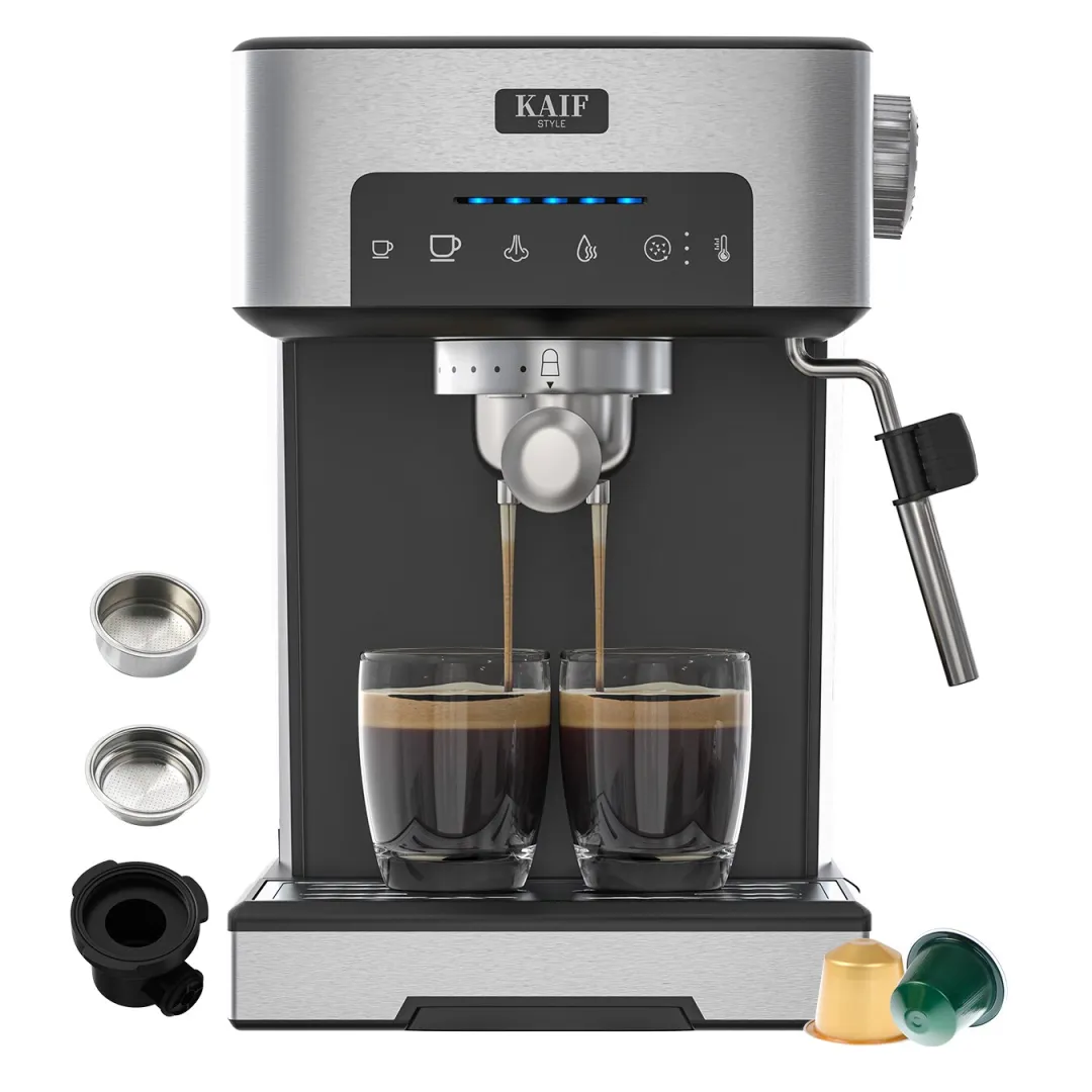 Kézi eszpresszó Exploara TC51H sorozat, 3 hőmérséklet beállítás, Nespresso kapszula/őrölt kávé/pad kávé, gőz/meleg víz, automatikus vízkőmentesítés, azonnali előmelegítés 20 másodpercig, 1, 7L