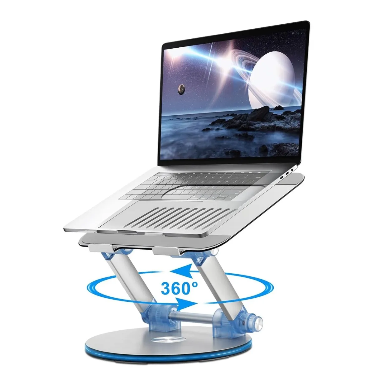 Laptop állvány, BYONDSELF®, ergonómikus, összecsukható, 360°-ban forgatható alappal, gombbeállítással, gravitációs tengelyes kialakítással, hatékony hőelvezetéssel, 10-17,3 hüvelykes laptopokkal kompatibilis, alumíniumötvözet, ezüst