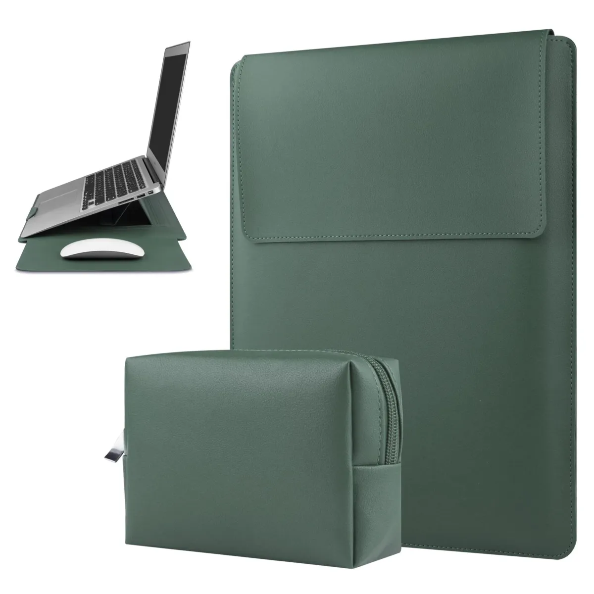 Laptop tok 13-14 hüvelyk, kompatibilis MacBook Air, MacBook Pro, ökológiai bőr, univerzális méret, 25 x 34 cm, zöld