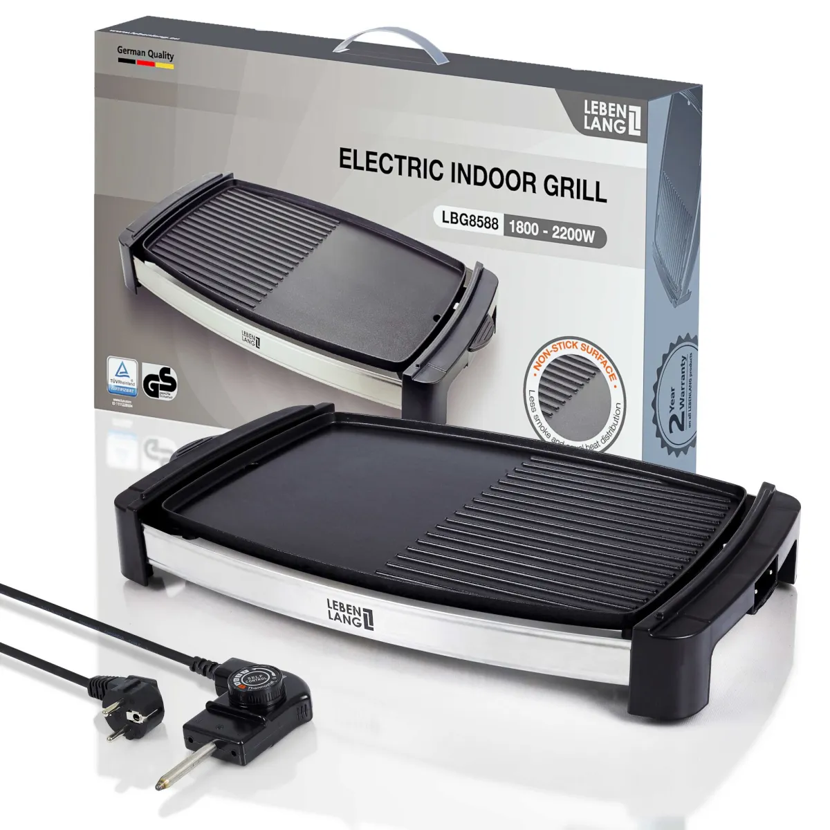 LEBENLANG elektromos grill, teflon tapadásmentes bevonat, kivehető tálca, 5 teljesítményszint, 2200 W, leeresztő tálca, sima és bordás felület, nagy méretű 54x45 cm