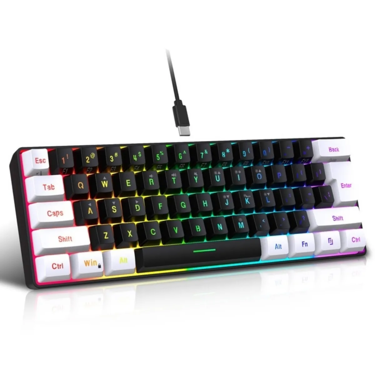 LED billentyűzet, MOSMAOO®, 61 gombos gamer, hordozhatóság, vezetékes billentyűzet, USB Type-C, fehér/fekete