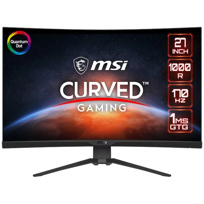 LED játékmonitor, MSI MAG 275CQRF QD VA, 27" WQHD, ívelt 1000R, 170 Hz, kijelzőport és 2 HDMI és USB Type C, 1 ms, USB HUB, GI (játékintelligencia), Mystic Light, éjszakai látás, szemkörnyékápoló , Pivot