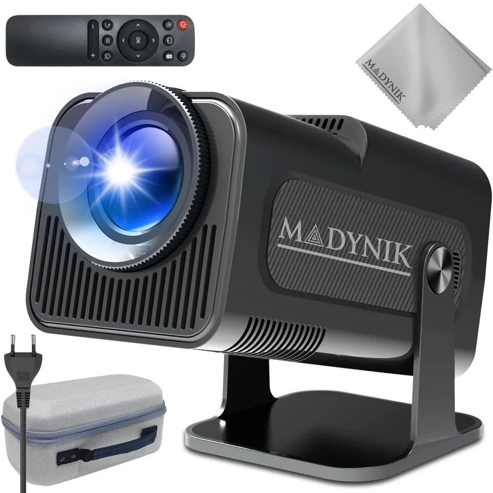 Madynik™ intelligens videoprojektor, beépített hangszóró, WiFi 6, Bluetooth 5.0, Android 11, LED, 130 hüvelykig állítható vetítés, 180°-os elforgatás, távirányító, mikroszálas kendő és hordtáska.