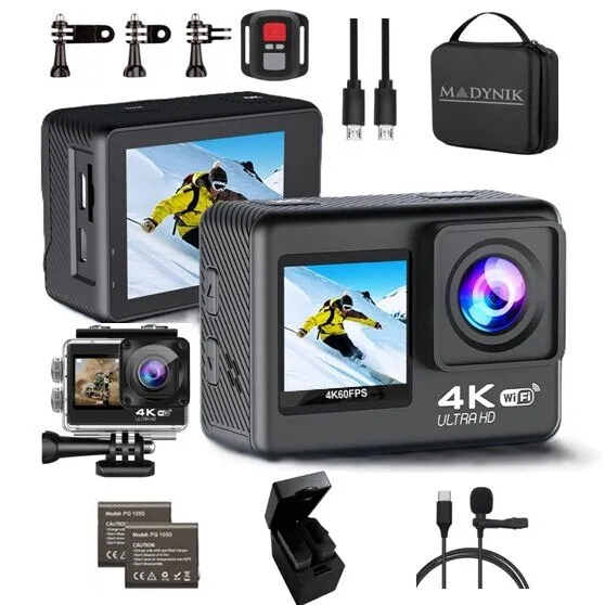 Madynik™ többfunkciós akciókamera, felbontás 4K 60FPS, dupla érintőképernyő 2"+1,3, 170°-os szög, Wifi, vízálló ház, távirányító, rögzítési tartozékok, hordtáska, 2 db 1050 mAh akkumulátor, dupla töltő, külső mikrofon