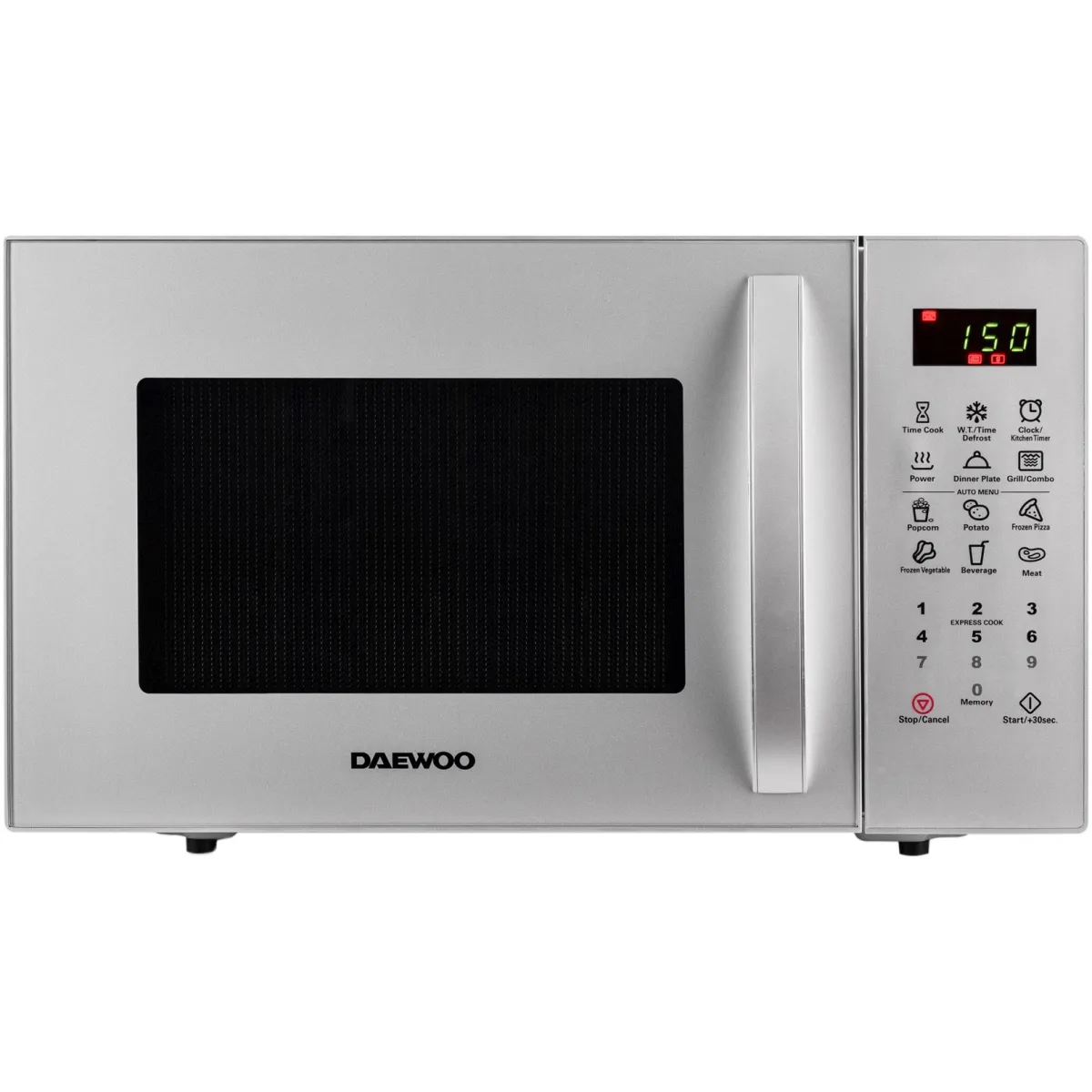 Mikrohullámú Daewoo KOR-91RBS-1, 23l, 900 W, 1000 W Grill, Digitális vezérlés, LED kijelző, 10 program, Óra funkció, Popcorn program, Hangjelzés, Ezüst