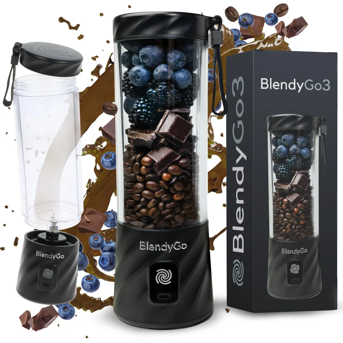 Mini elektromos turmixgép, hordozható, BlendyGo3™, vezeték nélküli töltés, kompakt, 550 ml, 6 3D penge, többfunkciós, nagy autonómia, újratölthető akkumulátor, fekete