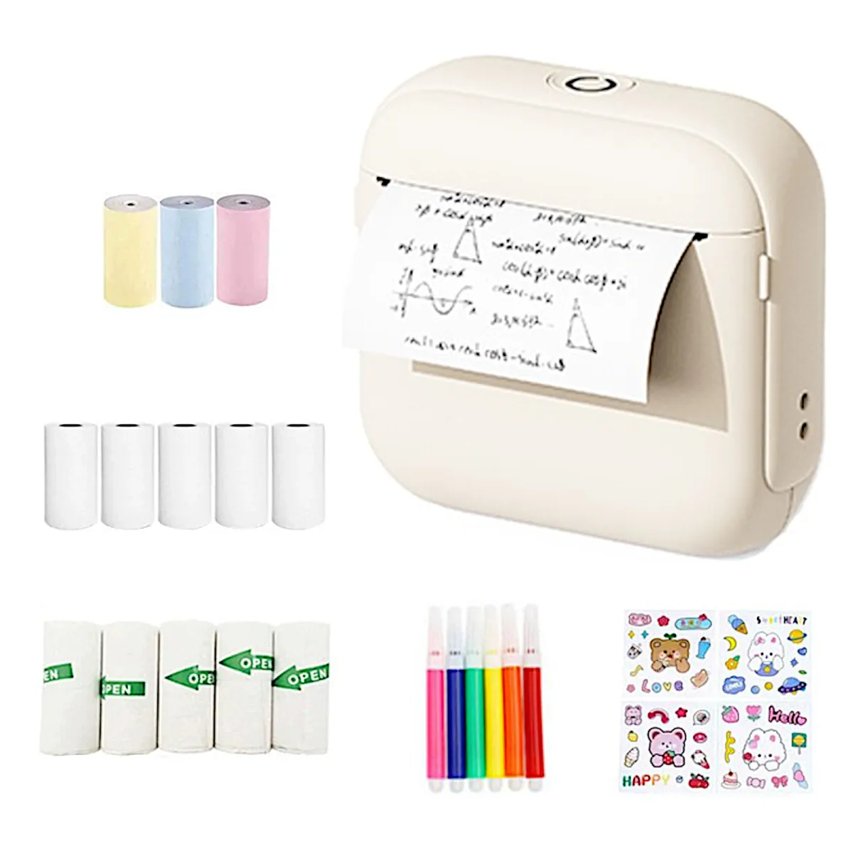 Mini hőnyomtató, Mini hordozható nyomtató, 13 hőpapír tekercs, Bluetooth, iOS / Android kompatibilis, APP nyomtatás, 1200 mAh, Matricák, akvarell tollak, Fehér