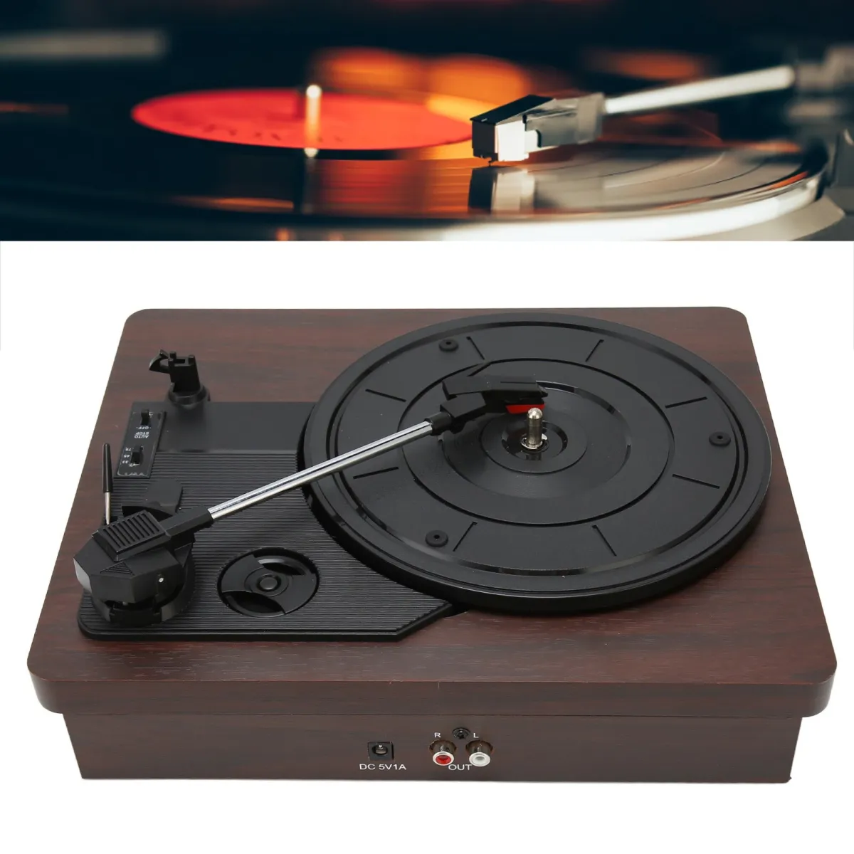 Mmgoqqt vinil lemezjátszó, 3 sebességes, integrált sztereó hangszórók, 300x250x100mm, szintetikus fa