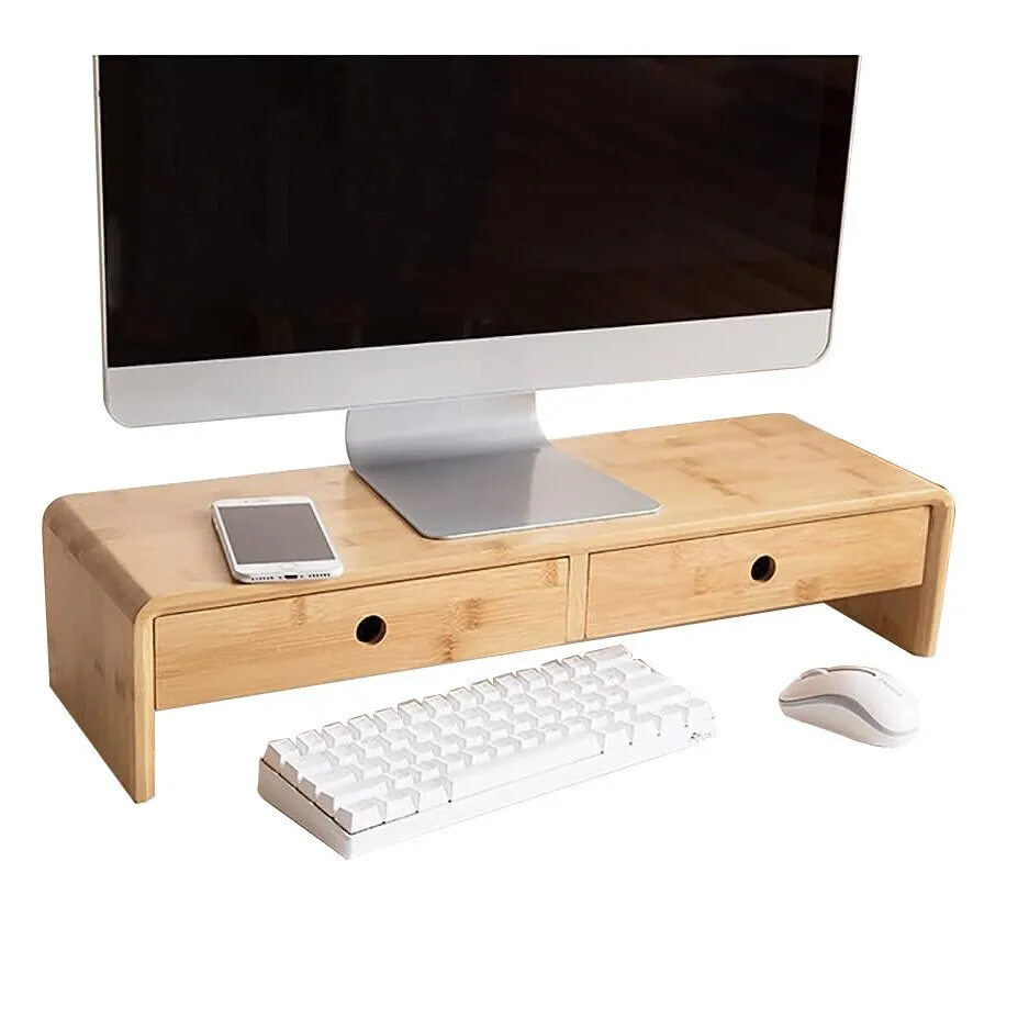 Monitor/laptop állvány, Wurdan, 13 x 50 x 20 cm, 2 fiók, bambusz