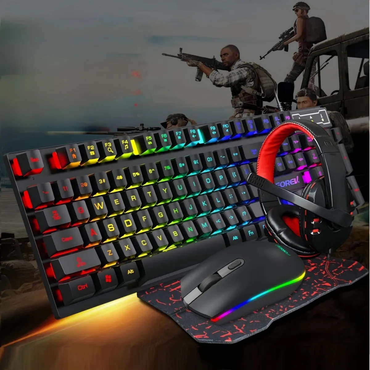 MOSMAOO®, 4 az 1-ben játékkészlet, billentyűzet, egér, fejhallgató, egérpad, testreszabható RGB Soft, Play Station kompatibilis, fekete/rózsaszín